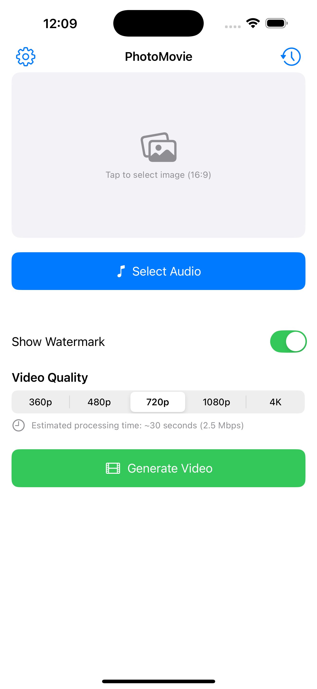 PhotoMovie main screen showing photo to video conversion